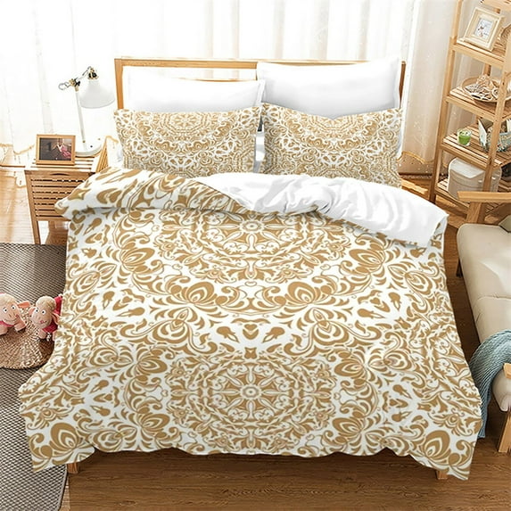 Luxury Gold Floral Duvet Cover Bohemian Leaves Microfiber Exotic Geometric King for Children Adult
