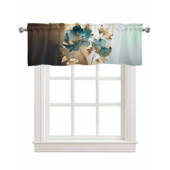 Luxury Gold Floral Linen Curtain Valance for Bedroom/Bathroom/Kitchen/Office/Living/Dining Room Windows,Contemporary Turquoise Graffiti Art Pocket Topper Drapes Decorative Cafe Drapery Panel 54x18