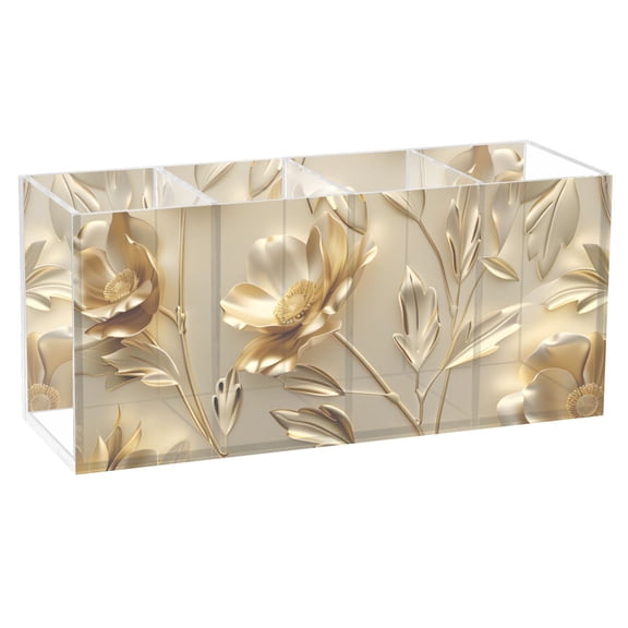 Luxury Gold Flower Acrylic Pen Holder Cup 4 Compartments Clear Pencil Organizer Makeup Brush Holder Storage for Office Desktop Dorm