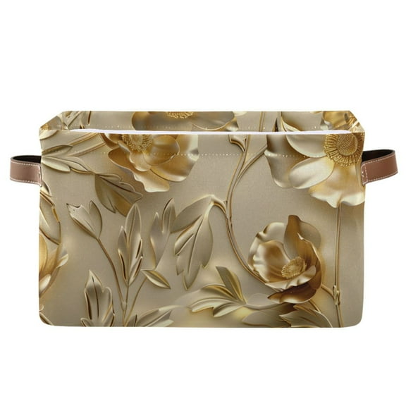 Luxury Gold Flower Storage Basket Large Foldable Storage Bin Laundry Baskets Toys Box Book Foldable Organizer Bag 14.2x10.2x8.3 Inches 1 PC