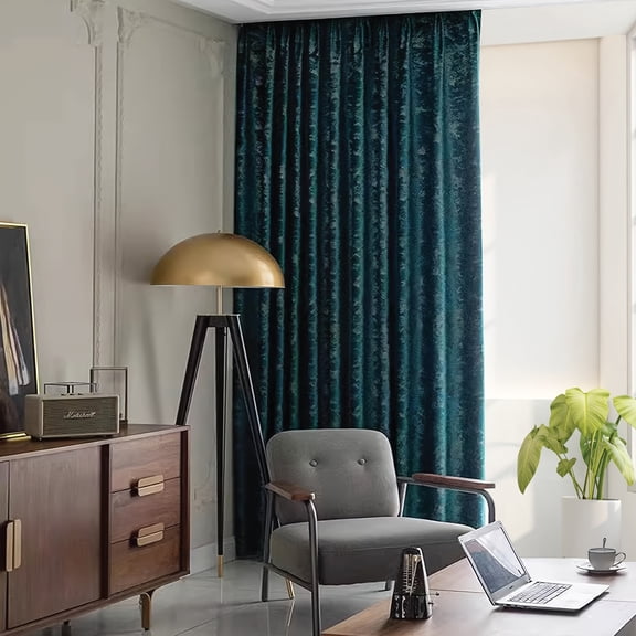 Luxury Gold Foil Printed Velvet Curtains, 2 PANELS Set, High-Density 240GSM Drapes, Modern Fixed Double Pleat with Hooks, Emerald Green & Gold
