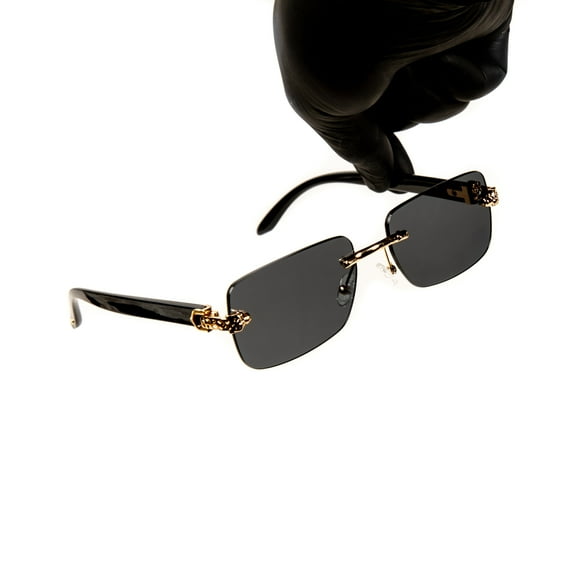Luxury Gold Frame Retro 90's Stylish Leopard Head Unisex Rectangular Rimless Dark Black Tint Lens Hip Hop Sun Glasses Frameless Square Buffs Summer Shades Sunglasses