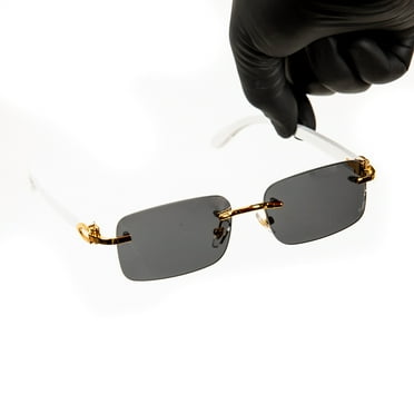 Luxury Gold Frame Rimless Black Tint Men's Frameless Designer Retro 90's Rectangular Lens Sun Glasses Hip Hop White Arm Shades Square Buffs Sunglasses For Men Women