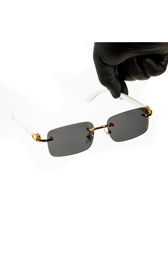 Luxury Gold Frame Rimless Black Tint Men's Frameless Designer Retro 90's Rectangular Lens Sun Glasses Hip Hop White Arm Shades Square Buffs Sunglasses For Men Women