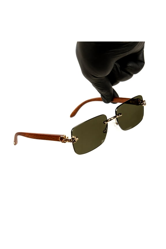 Luxury Gold Frame Unisex Rectangular Rimless Dark Green Tint Lens Retro 90's Stylish Leopard Head Hip Hop Sun Glasses Frameless Square Buffs Summer Shades Sunglasses