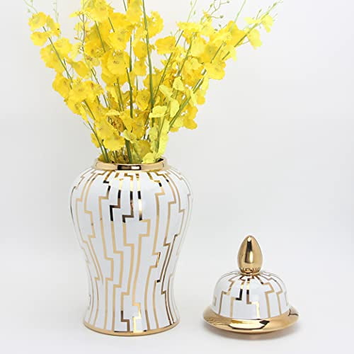 15 Inch Gold Ceramic Ginger Jar With Lid - Luxury Home Decor Vase For Living Room, Table, Shelf