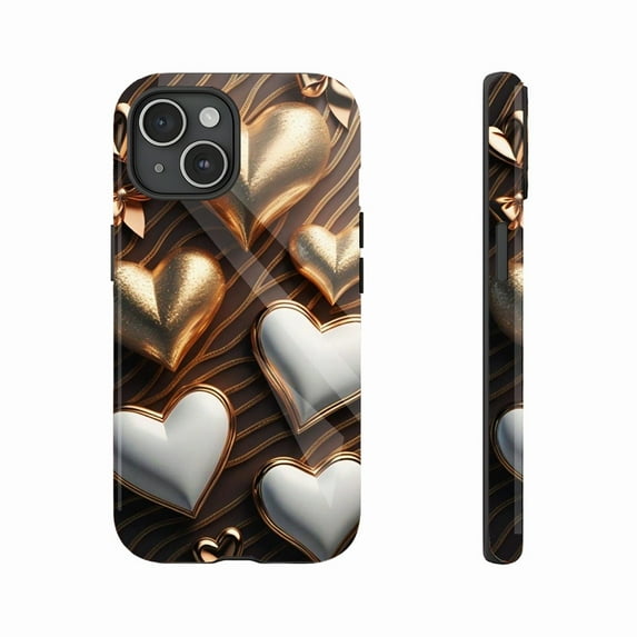 Luxury Gold Heart Design Protective Case Compatible with iPhone 11/12/13/14/15/16 (Pro Max/Plus), Valentine’s Day Gift & Romantic Decor, 3D Embossed Texture for Couples & Lovers