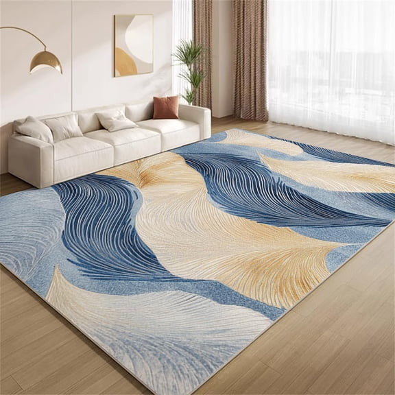 Luxury Gold Lines Wavy Stripes Area Rugs, Blue Gold Carpet, Washable Non Slip Low Pile Soft Rug for Living Room Bedroom Office Decor Mat 3ftx4ft