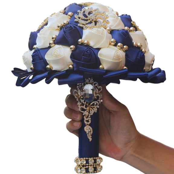 Gold Rhinestone Wedding Bouquet - Blue & Ivory Satin Rose Bridal Bouquet with Pearl for Bride, Bridesmaid, Quinceanera, Toss Ceremony and Photo Prop