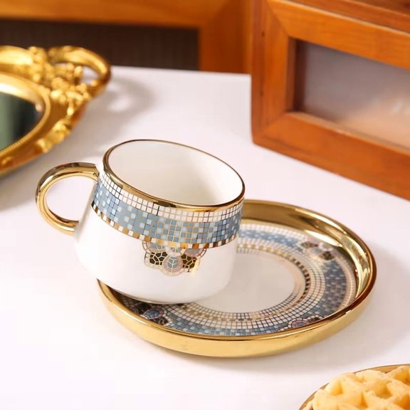 Luxury Gold Rimmed Ceramic Coffee Cup and Plate Set - 5.75 oz Cup & 3.04 oz Plate for Tea Parties and Breakfast