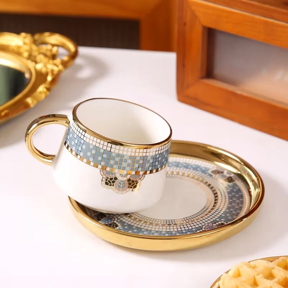 Luxury Gold Rimmed Ceramic Coffee Cup and Plate Set - 5.75 oz Cup & 3.04 oz Plate for Tea Parties and Breakfast