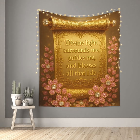 Luxury Gold Scroll Floral Sparkle Blessing Quote Tapestry Indian Wall Hanging Tapestries Room Decor for Bedroom Living Room Dorm 60X50inch