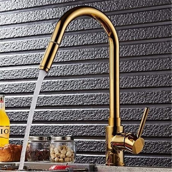 Luxury Gold Single Handle Kitchen Faucet Pull Out Sprayer 360 Rotatable Single Hole Sink Mixer Tap with Aerator Deck Mounted Retro Style Golden