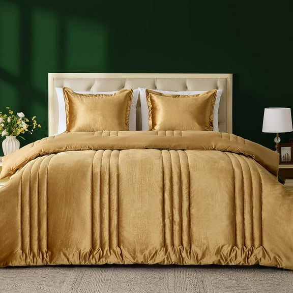 Luxury Gold Velvet Queen Comforter Set 3 Pieces Lightweight Shiny Striped Bedding with 2 Shams