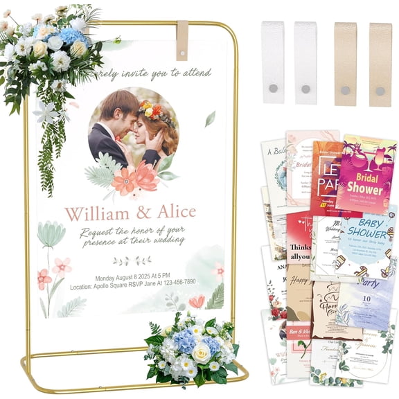 Luxury Gold Wedding Welcome Sign Stand with 16 Poster Templates, Gold Easel with Leather Hanging Straps for Wedding Ceremony, Reception, and Event Dcor