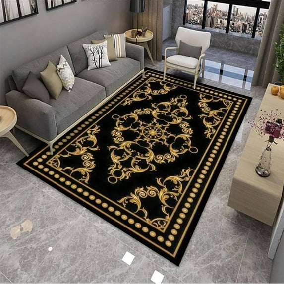 Luxury Golden Baroque Area Rug Gold Border Greek Outdoor Carpet Indoor Non Slip Rugs Machine Washable Breathable Durable Front Entrance Floor Decor 3x5 Small Non-slip Soft Living Room