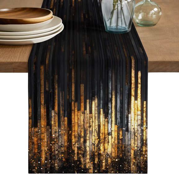 Luxury Golden Black Table Runner 70 Inches Long, Geometric Art Deco Modern Cotton Linen Table Runners Dresser Scarves, Decorative Fabric Tabletop Scarf Furniture Cover for Home Dinner Party 13"x70"