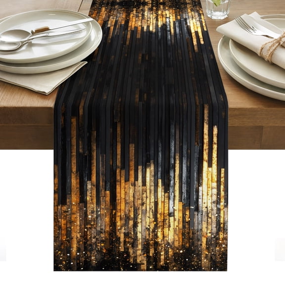 Luxury Golden Black Table Runner Geometric Art Deco Modern Tablerunners 13 x 48 Inch, Table Decorations Tabletop Scarf for Summer Gathering Holiday Farmhouse Kitchen Dining Decor