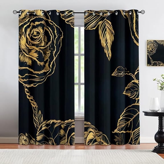 Luxury Golden Floral Background Blackout Curtains, Gradient Rose Floral Line Art Window Curtain, 3D Printed Room Darkening Thermal Insulated Drapes For Living Room Bedroom 26"W x 45"L (Pack of 2)