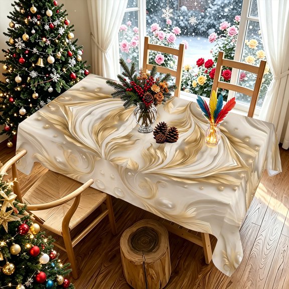 Luxury Golden Flowing Swirl 2D Print Rectangular Tablecloth with Pearl Accent, Decorative Cover for Christmas Holiday Dining,Kitchen, Backyard Patio Parties, Ideal Gift ,Multiple Sizes