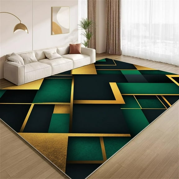 Luxury Golden Geometric Texture Area Rugs, Green Gold Carpet, Washable Non Slip Low Pile Soft Rug for Living Room Bedroom Gameroom Decor Mat 2ftx3ft