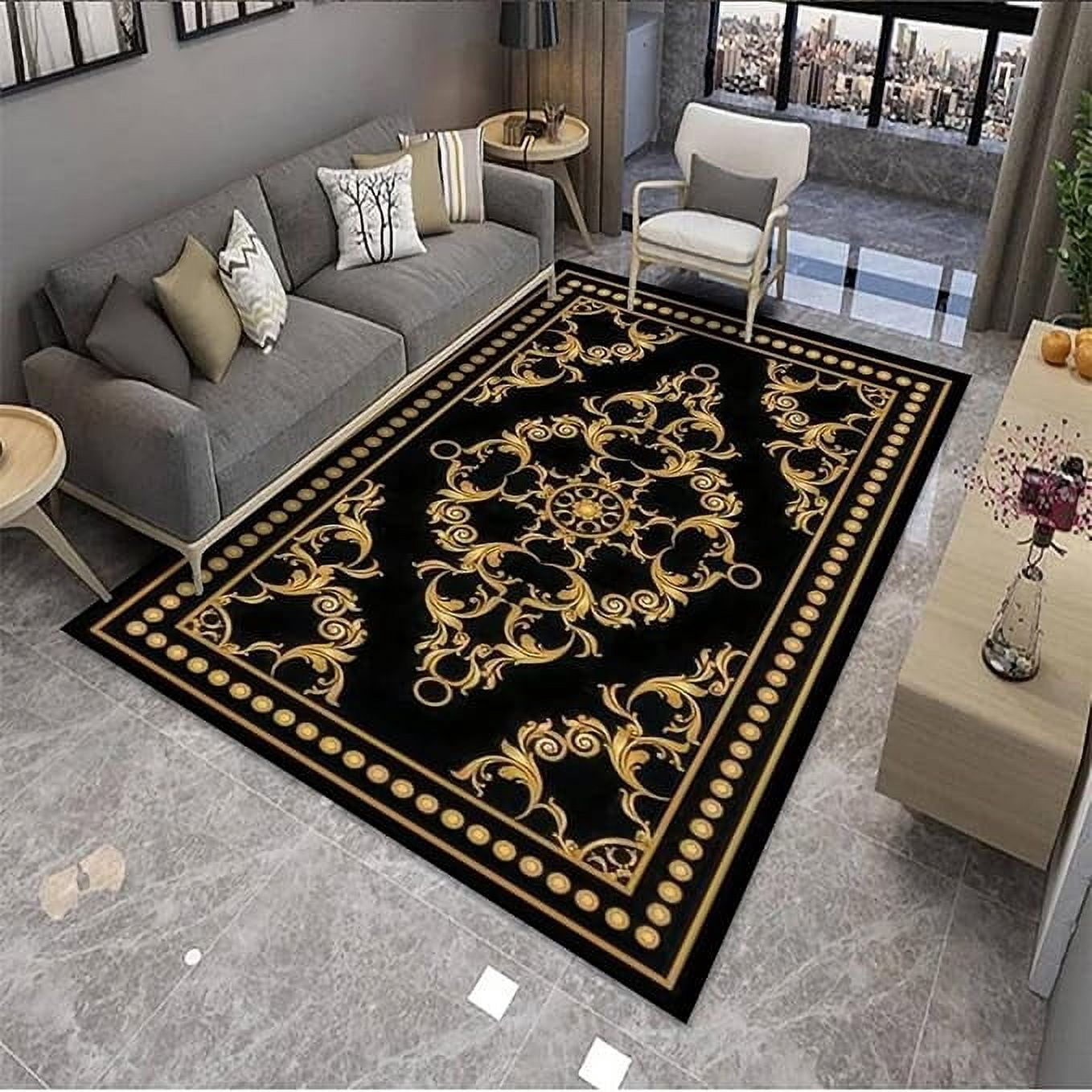 Goldan Rug Luxury Golden Home Area Rug, Gold Border Flowers On Black Background ...