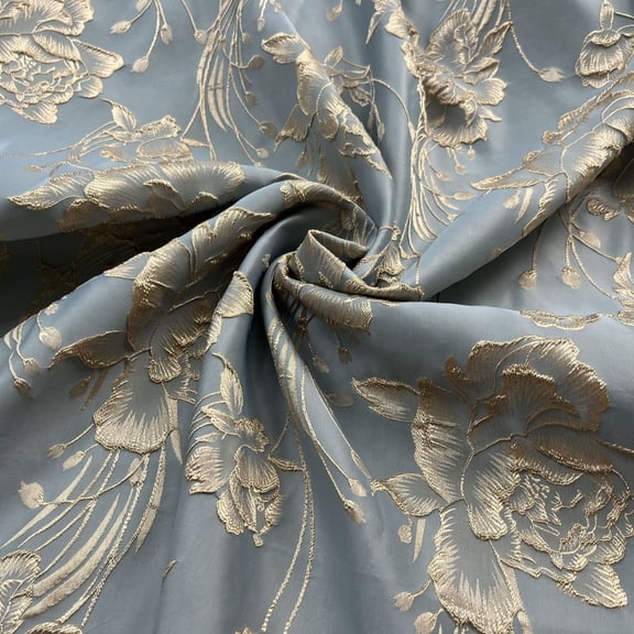 Luxury Golden Jacquard Brocade Fabric 4.37 Yards, 57 Inch Wide Embossed Floral Damask Textile, Elegant Sewing Fabric for Dresses, Upholstery, Interior Decor, Spring Easter Craft Material, Blue-Gray