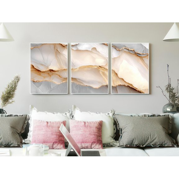 Luxury Golden Marble Cream And Gold Stone Texture Triptych Modern Gallery Set For Decorative Wall Art Poster, , Poster Only