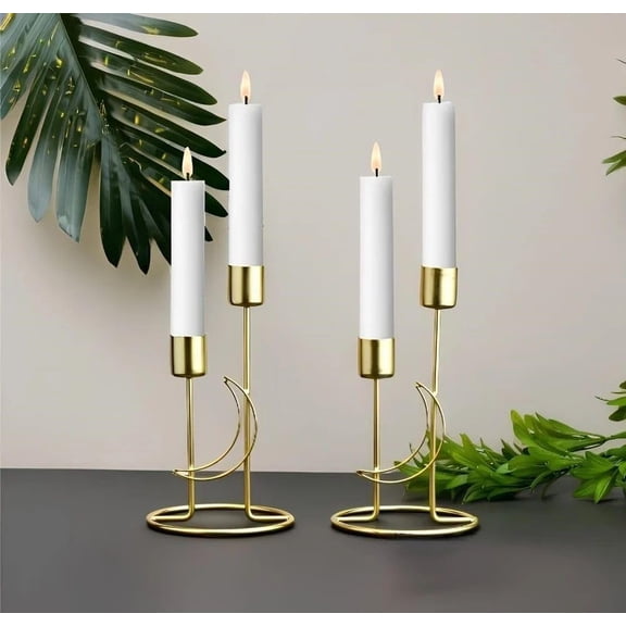 Luxury Golden Metal Candle Holder Stand Moon Design Taper Candle Stand for Home Dcor, Dining Table, Wedding & Party Decoration (Set of 2)