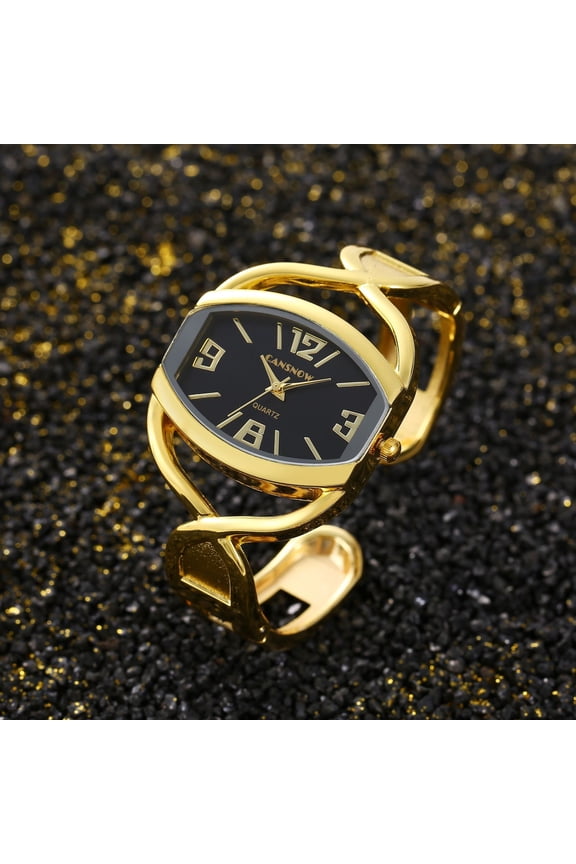 Luxury Golden Oval Bangle Watch for Women – Black Dial Fashion Bracelet Timepiece – Elegant Quartz Jewelry Watch