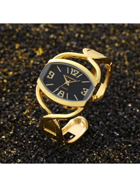 Luxury Golden Oval Bangle Watch for Women – Black Dial Fashion Bracelet Timepiece – Elegant Quartz Jewelry Watch