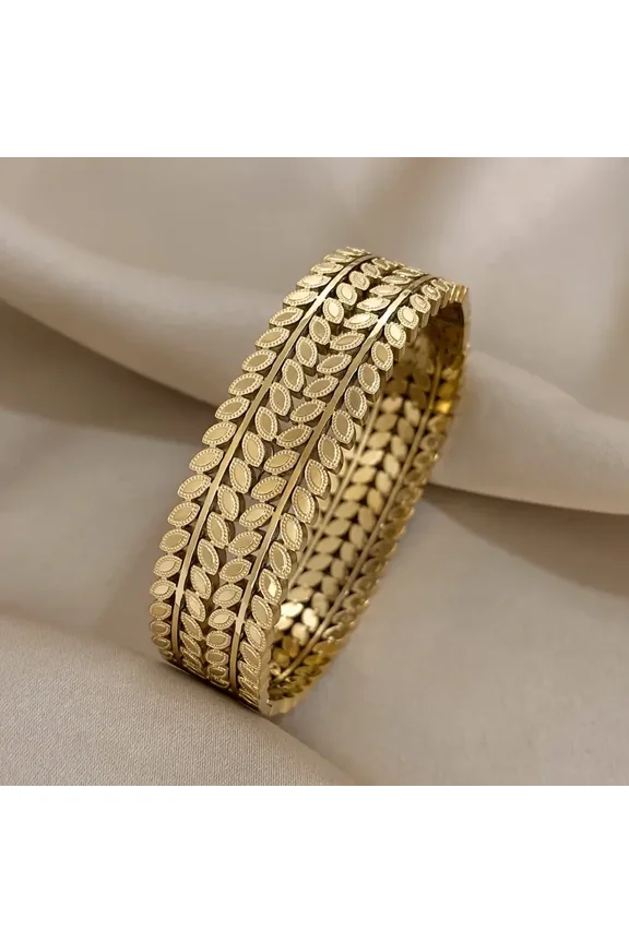 Luxury Golden-Tone Stainless Steel Double Leaf Cuff Bracelet - Vintage Hollow Design, Waterproof Bangle for Men & Women, Elegant Retro Jewelry