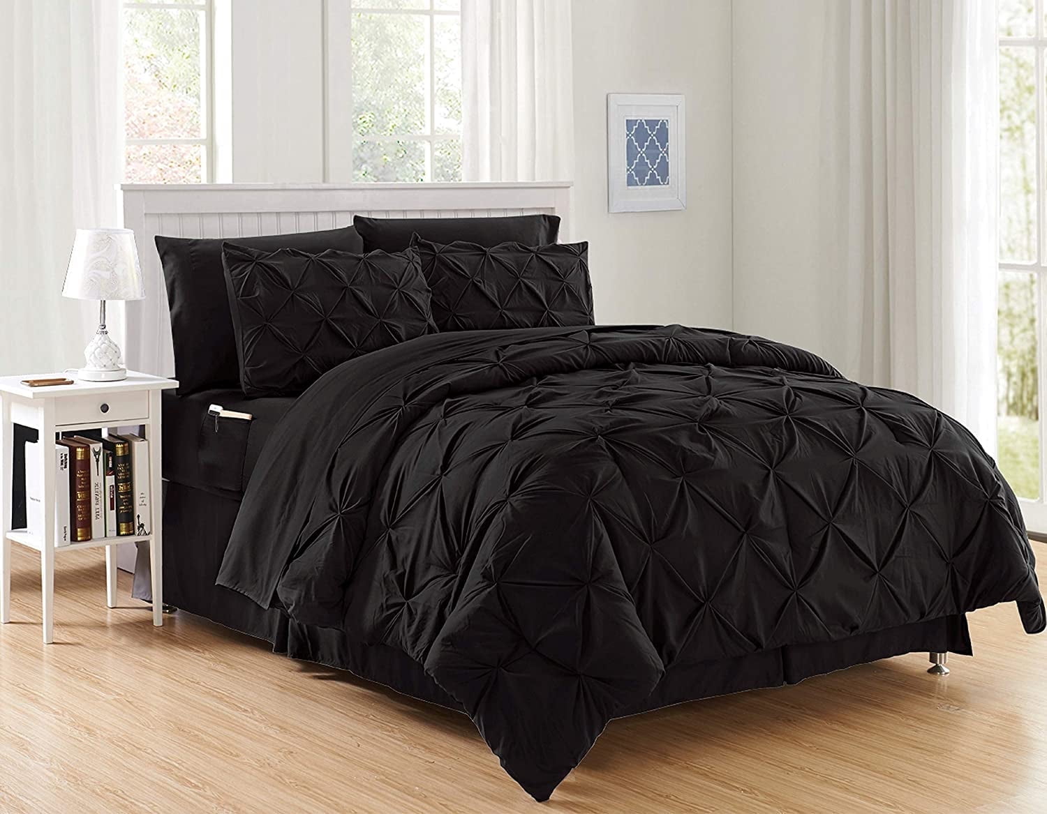 Luxury Goose Down Alternative 8PC Comforter Set - All Season Pintuck Style , Full/Queen, Black
