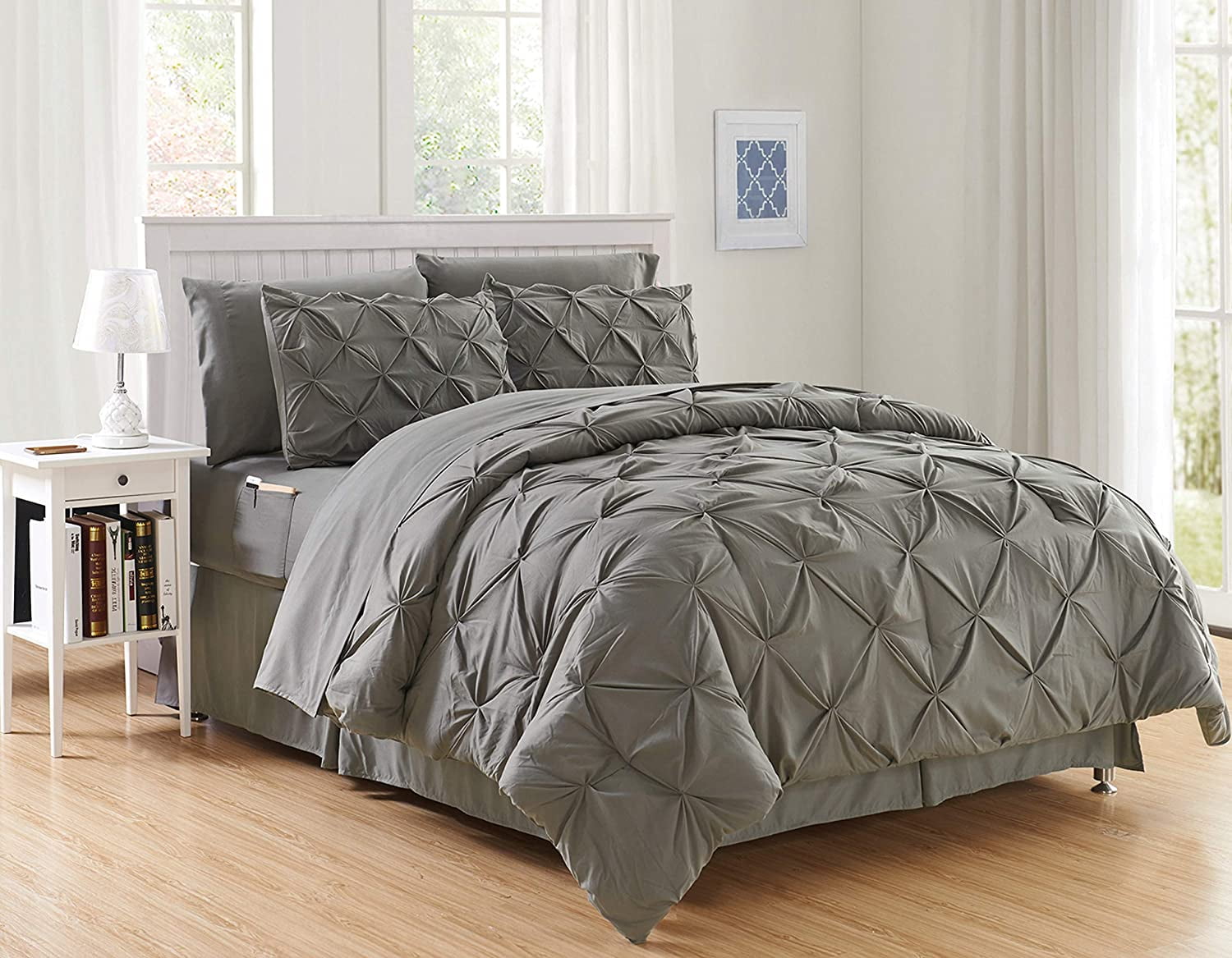 Luxury Goose Down Alternative 8PC Comforter Set - All Season Pintuck Style , Full/Queen, Gray