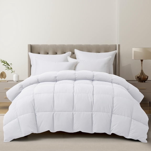 Luxury Goose Feather Down Fiber Comforter, White Cotton Blended Duvet Insert, All Season Hotel Bedding with Corner Tabs