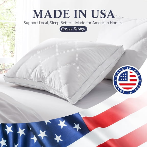 Luxury Goose Feather Down Gusseted Pillows Set of 2, Standard Size Cotton Cover for Back Side Stomach Sleepers