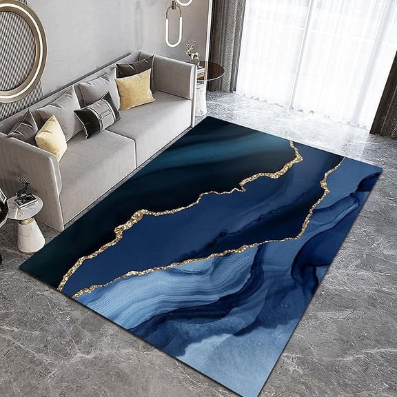 Luxury Gradient Dark Blue Marble Area Rugs, Black Gold Starry Sky Gilt Texture Art Large Decorative Rug, With Anti-Slip Easy Clean Carpet For Living Room Bedroom Dining Room Home 5 x 8ft