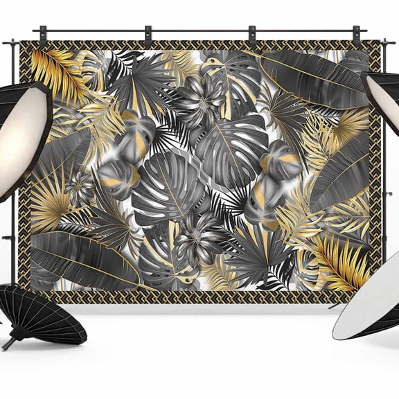 Luxury Gray Backdrop for Photography, Golden Palm Leaves Tropical Plant Photo Backdrop Portrait Background Party Banner Photo Backgrounds for Studio Booth Props, 8x6ft