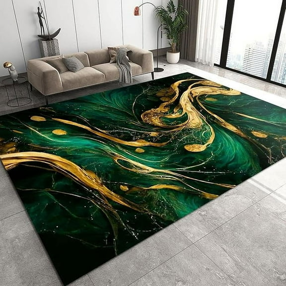 Luxury Green Area Rugs For Living Room, Modern Emerald Green Decor Rugs, Golden Pattern Floor Rugs For Entrance Dining Room Patio Bedroom Bedside Carpet 3 x 5ft