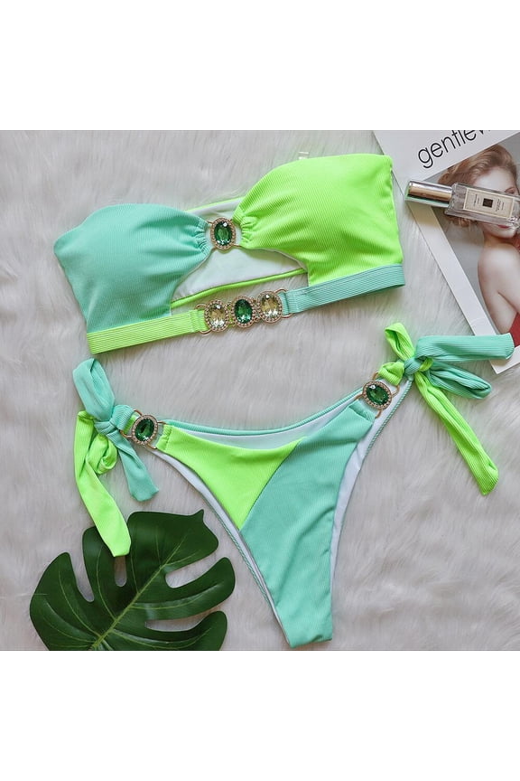 Luxury Green Bikinis 2024 Women Strapless Swimsuit Low Waist Triangle Rhinestone Bikinis Y2K Swimwear