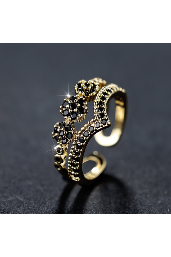 Luxury Green Blue Red Black Stone Wave Rings For Women Antique Gold Color Zircon Flower Wedding Bands Adjustable Finger Ring CZ