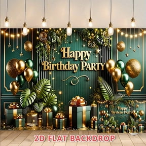 Luxury Green Gold Happy Birthday Backdrop, Vintage Tropical Style Party Decor Banner, Perfect for Adult Birthday Celebrations, Photography Background, Event Atmosphere Setting Prop