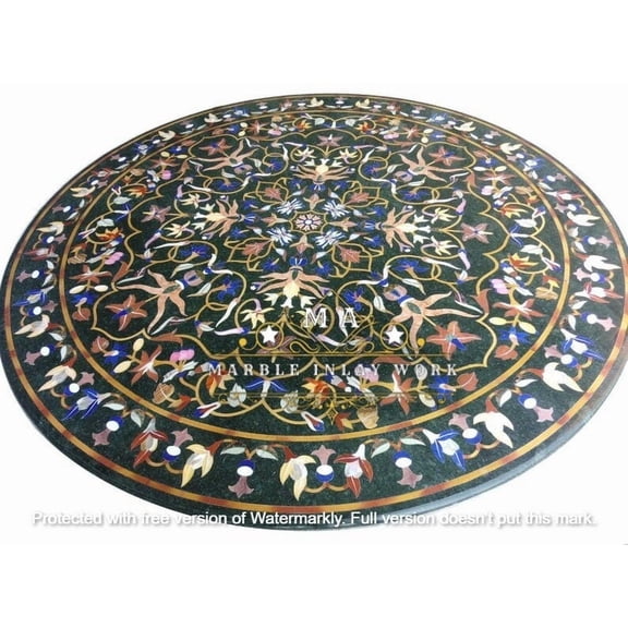Luxury Green Marble Center Table Top with Intricate Semi-Precious Stones Inlay, Handcrafted Art for Home Decor