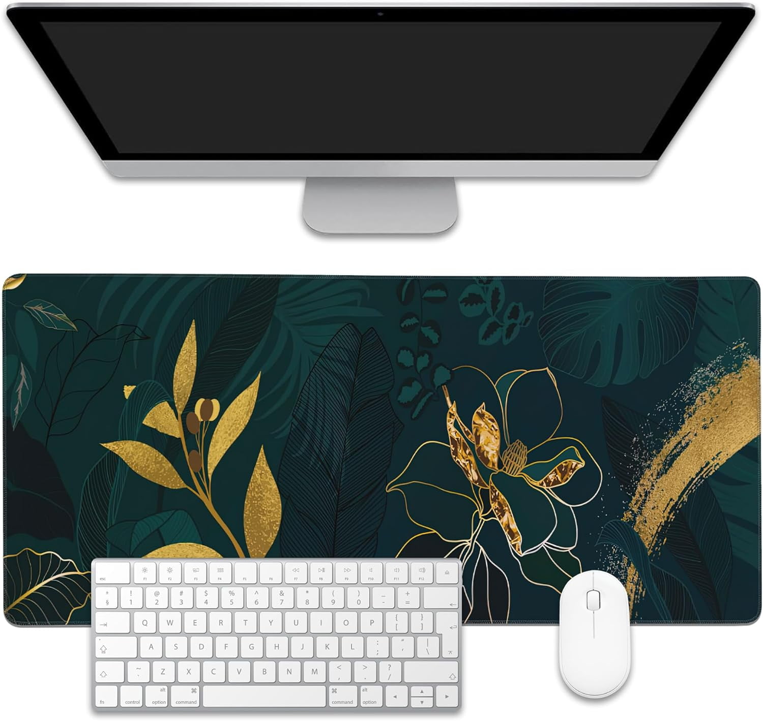 Luxury Green Summer Desk Mat,Large Gaming Mouse Pad,Non-Slip Rubber Base Desk Pad with Stitched Edges for Desk Office Home Decor 35.4X15.7 Inch