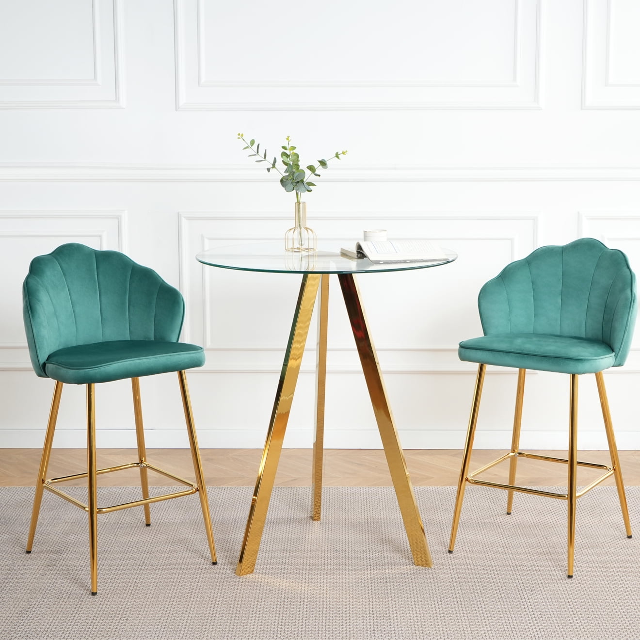 Compac Bar Stool Luxury Green Velvet Bar Stool Set with Gold Metal Legs & Tempered Glass ...
