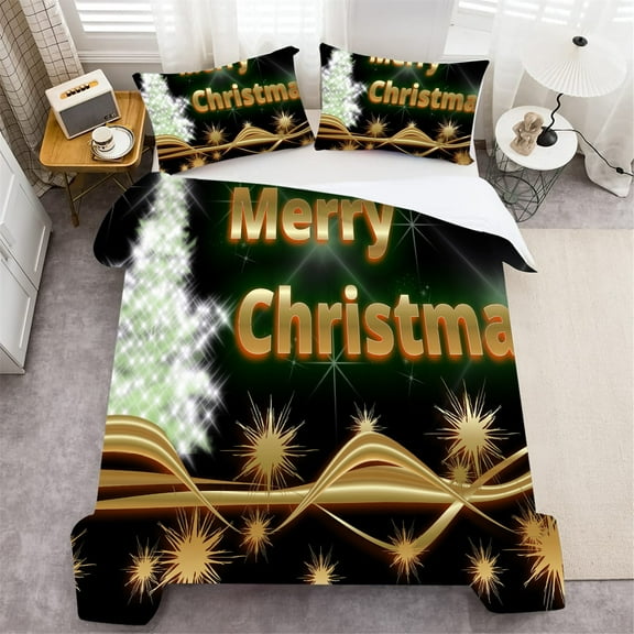 Luxury Green and Golden Highend Duvet Cover Set Home Bedclothes Polyester Bedding Cover Merry Christmas Printed,Full (80"x90")
