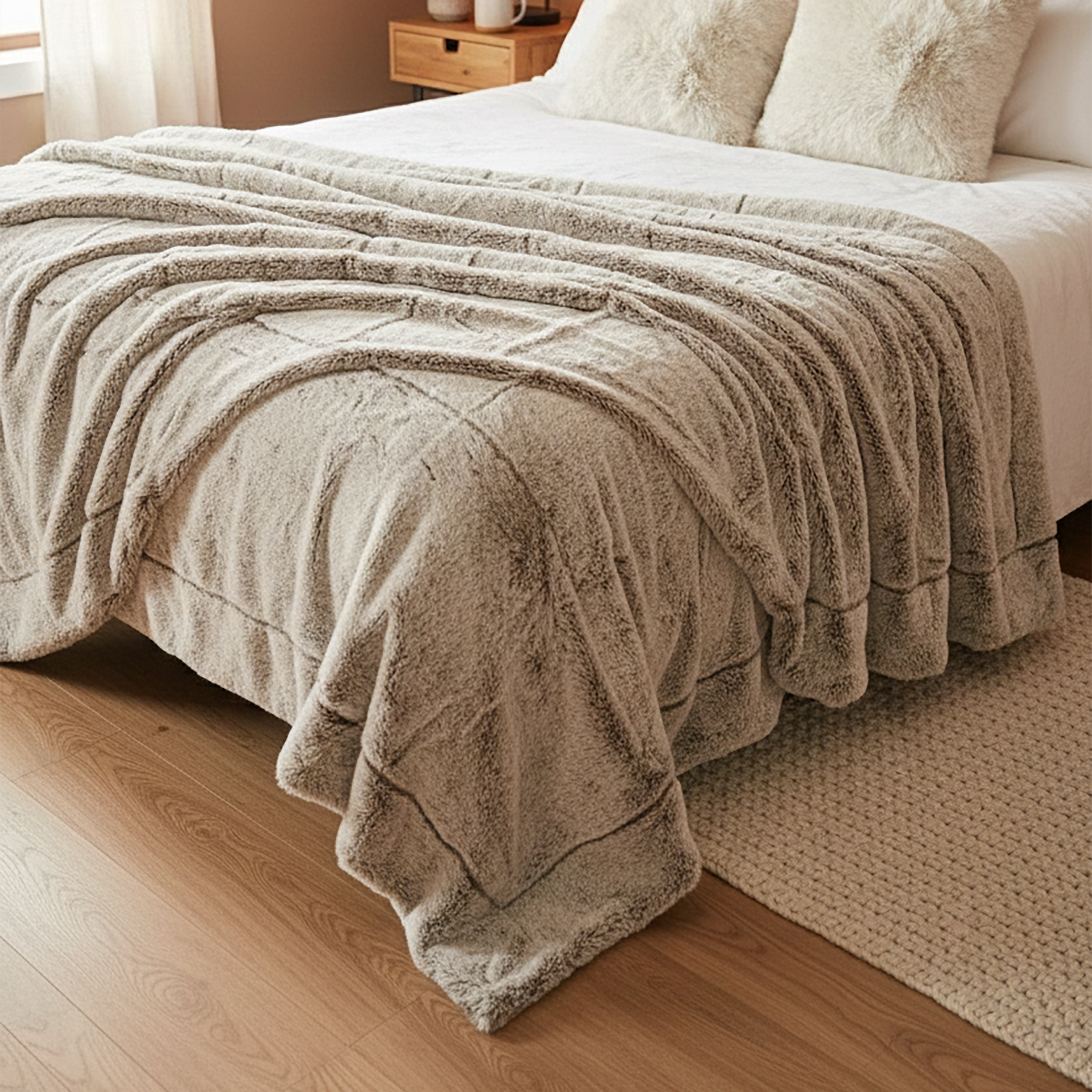 Luxury Grey Faux Fur Throw Blanket and Back Fleece