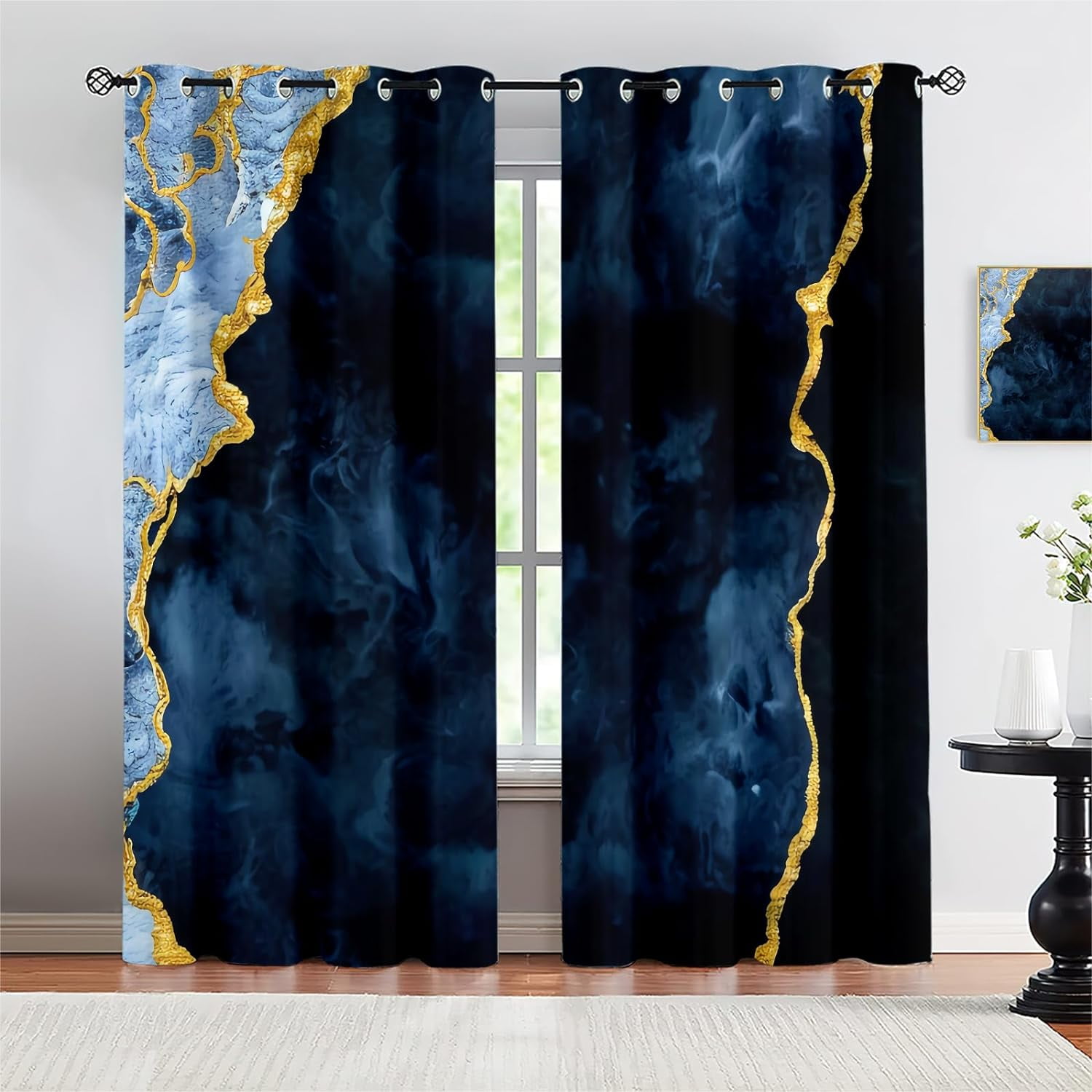 Luxury Grommet Window Curtains, Black Dark Blue Golden Marble Texture 