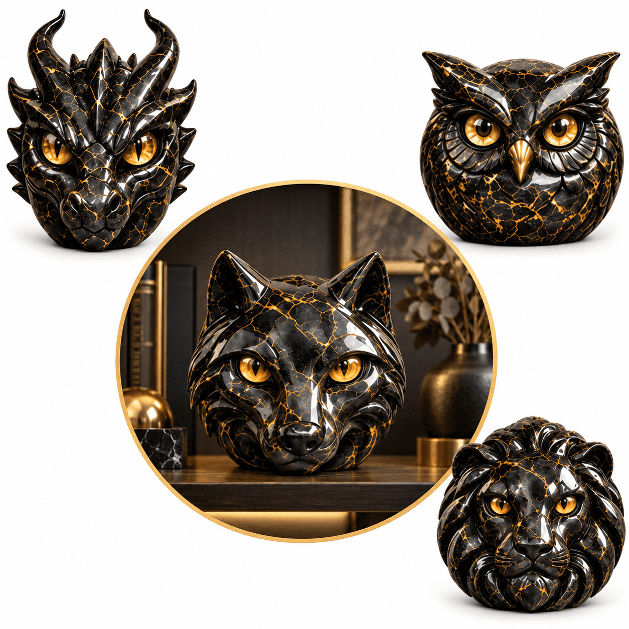 Texture In Clothing Luxury Guardian Animal Stone Sculpture, Black Stone Animal Statue with ...
