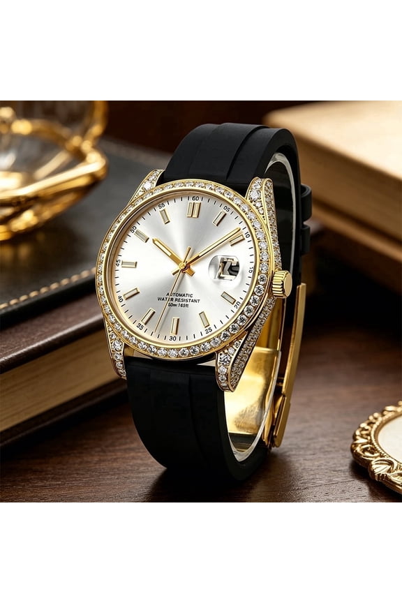 4.64CT Luxury Half Iced Out Moissanite Watch, Rubber Strap Automatic Mechanical Wristwatch with Miyota 8215 Movemen